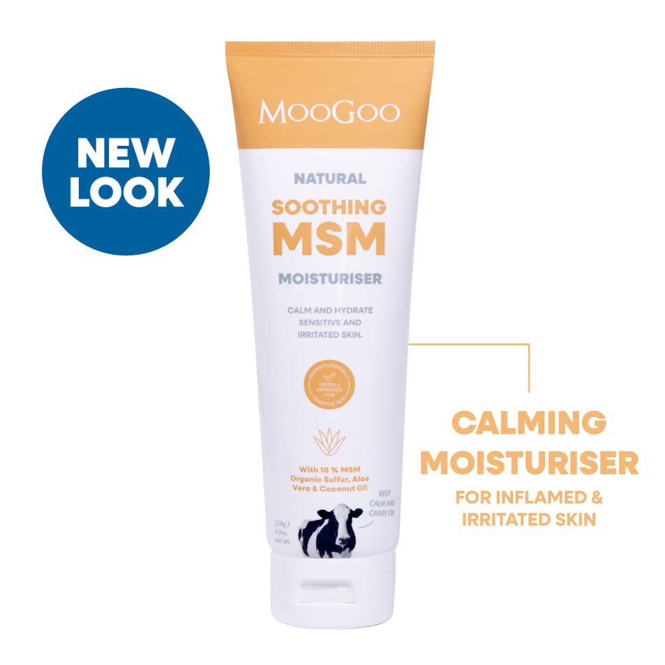 MooGoo Natural Soothing MSM Moisturiser tube on a white background with a blue 'NEW LOOK' badge. Natural moisturiser with MSM and aloe vera to relieve itchiness, dryness and rosacea sensitivity.