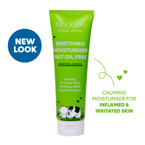Green tube of MooGoo baby and child mini moo soothing nut oil free moisturiser on a white background. Gentle daily lotion for nut-sensitive children and delicate skin care. 