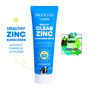 MooGoo Kids Healthy Clear Zinc Sunscreen SPF 50 on a white background. Made without chemical UV filters, penetration enhancers, parabens and phenoxyethanol. Aussie-made, natural, Mineral Zinc SPF defense. Suitable for the whole family, babies and sensitive skin, especially those prone to Eczema. Global Green Beauty Awards Finalist 2026. 