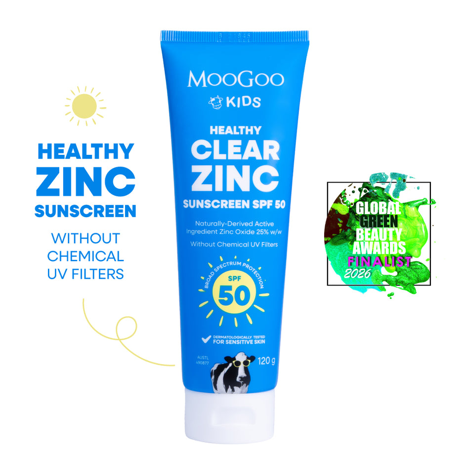 MooGoo Kids Healthy Clear Zinc Sunscreen SPF 50 on a white background. Made without chemical UV filters, penetration enhancers, parabens and phenoxyethanol. Aussie-made, natural, Mineral Zinc SPF defense. Suitable for the whole family, babies and sensitive skin, especially those prone to Eczema. Global Green Beauty Awards Finalist 2026. 