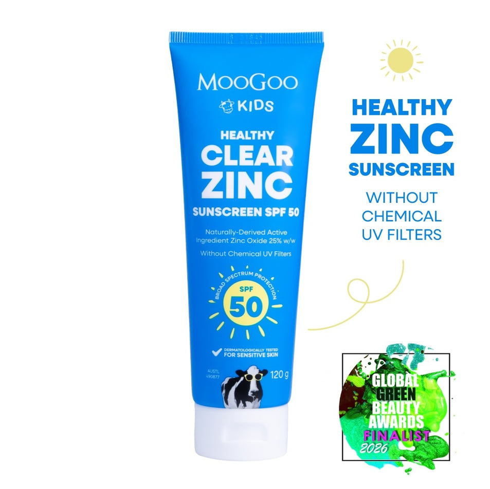 MooGoo Kids Healthy Clear Zinc Sunscreen SPF 50 on a white background. Made without chemical UV filters, penetration enhancers, parabens and phenoxyethanol. Aussie-made, natural, Mineral Zinc SPF defense. Suitable for the whole family, babies and sensitive skin, especially those prone to Eczema. Global Green Beauty Awards Finalist 2026. 