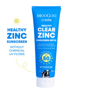 MooGoo Kids Healthy Clear Zinc Sunscreen SPF 50 on a white background. Made without chemical UV filters, penetration enhancers, parabens and phenoxyethanol. Aussie-made, natural, Mineral Zinc SPF defense. Suitable for the whole family, babies and sensitive skin, especially those prone to Eczema.
