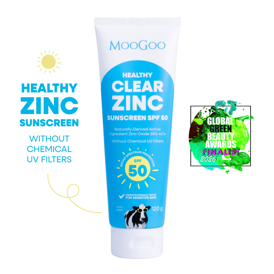MooGoo Healthy Clear Zinc Sunscreen SPF 50 120g on a white background. Made without chemical UV filters, penetration enhancers, parabens and phenoxyethanol. Aussie-made, natural, Mineral Zinc SPF defense. Suitable for the whole family, babies and sensitive skin, especially those prone to Eczema. Global Green Beauty Awards Finalist 2026. 