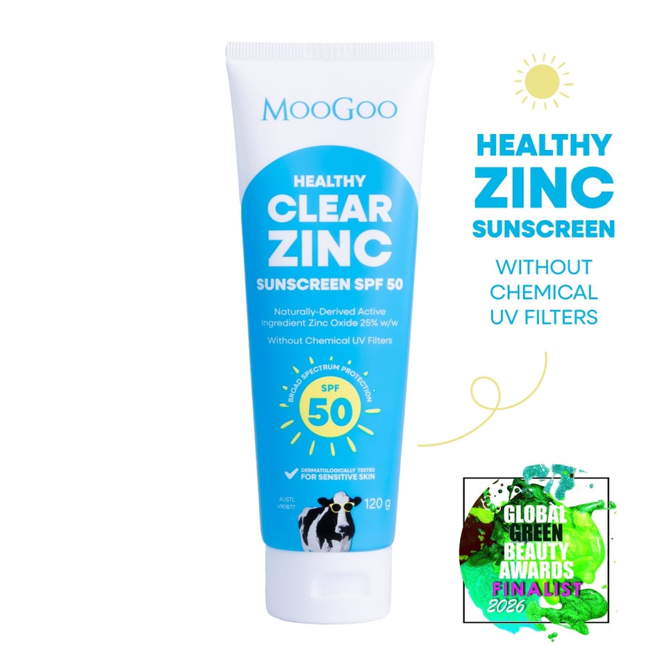 MooGoo Healthy Clear Zinc Sunscreen SPF 50 120g on a white background. Made without chemical UV filters, penetration enhancers, parabens and phenoxyethanol. Aussie-made, natural, Mineral Zinc SPF defense. Suitable for the whole family, babies and sensitive skin, especially those prone to Eczema. Global Green Beauty Awards Finalist 2026. 