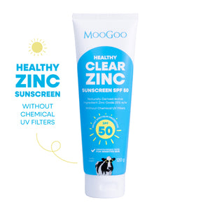 MooGoo Healthy Clear Zinc Sunscreen SPF 50 120g on a white background. Made without chemical UV filters, penetration enhancers, parabens and phenoxyethanol. Aussie-made, natural, Mineral Zinc SPF defense. Suitable for the whole family, babies and sensitive skin, especially those prone to Eczema.