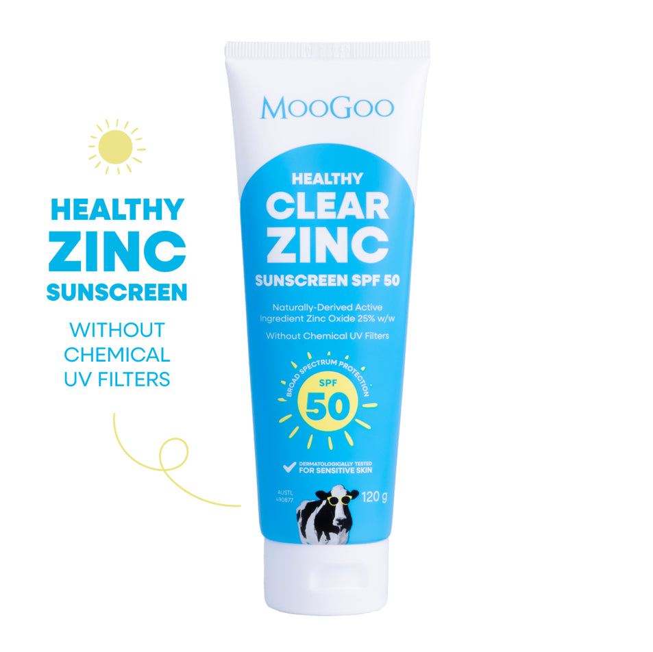 MooGoo Healthy Clear Zinc Sunscreen SPF 50 120g on a white background. Made without chemical UV filters, penetration enhancers, parabens and phenoxyethanol. Aussie-made, natural, Mineral Zinc SPF defense. Suitable for the whole family, babies and sensitive skin, especially those prone to Eczema.