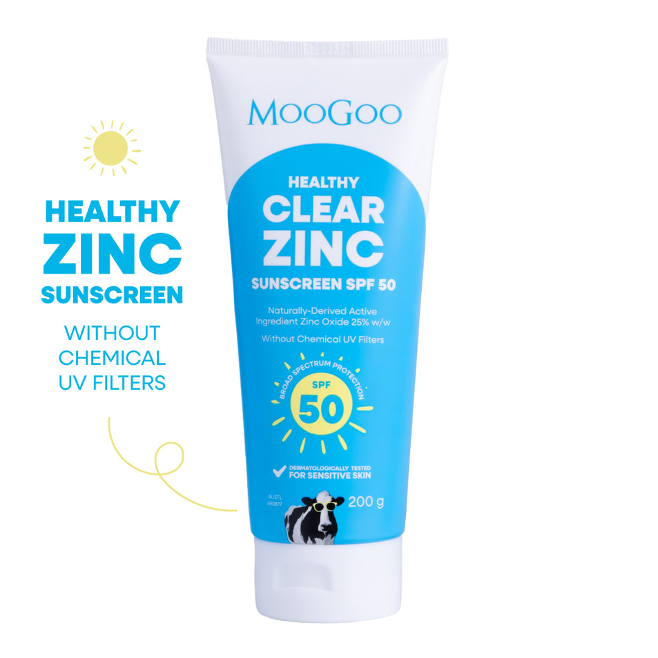 MooGoo Healthy Clear Zinc Sunscreen SPF 50 200g on a white background. Made without chemical UV filters, penetration enhancers, parabens and phenoxyethanol. Aussie-made, natural, Mineral Zinc SPF defense. Suitable for the whole family, babies and sensitive skin, especially those prone to Eczema.