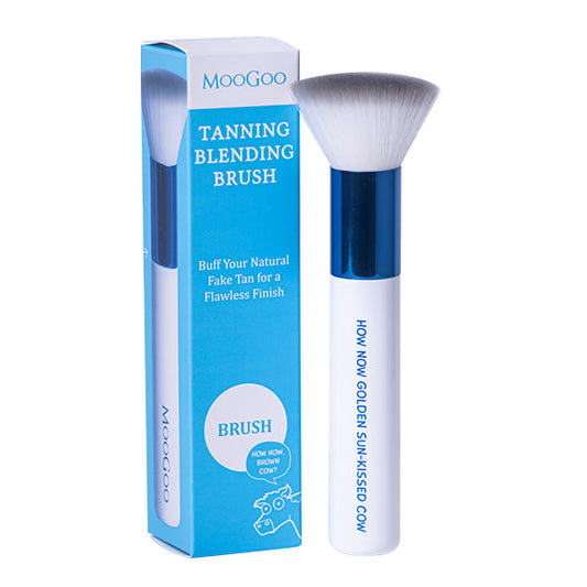MooGoo Tanning Blending Brush on white background, self tanning accessory for even coverage, ensures streak-free bronzed finish.