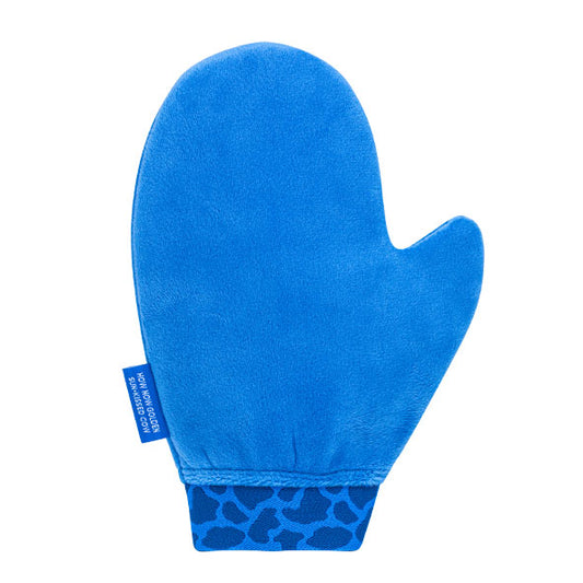 MooGoo Tanning Application Mitt on white background, self tanning tool for even application, reusable and lined to prevent staining hands