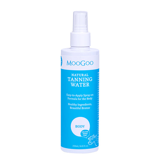 MooGoo Tanning Water Body on white background, natural spray-on self tan for sensitive skin, easy to apply and fast drying formula.