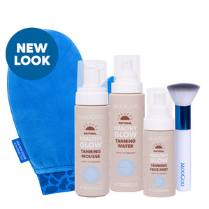 MooGoo Tanning Essentials Starter Kit includes tanning mousse, face mist, body tanning water, application mitt and blending brush for sunless glow