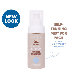 MooGoo Natural Tanning Face Mist bottle on white background, clear self tanning water for a natural golden glow, suitable for sensitive skin