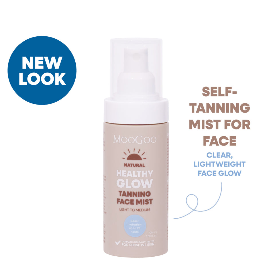 MooGoo Natural Tanning Face Mist bottle on white background, clear self tanning water for a natural golden glow, suitable for sensitive skin