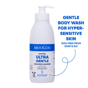 A white bottle of MooGoo Natural Ultra Gentle Ceramide Cleanser body wash with a pump dispenser, shown on a white background with blue promotional text on the right. For eczema prone and hypersensitive skin with ceramides to strengthen skin. 