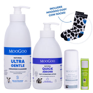 MooGoo Oncology Cancer Care Pack with Ultra Gentle Cleanser, Fast Hydrating Lotion, Fragrance Free Deodorant, Cow Lick Lip Balm and cosy cow print socks, skincare gift set for chemo and radiation patients
