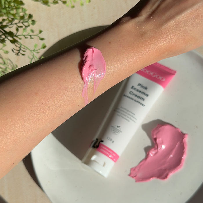 MooGoo Pink Eczema Cream swatch on arm, lightweight Vitamin B12 treatment moisturiser for eczema, psoriasis and dermatitis relief