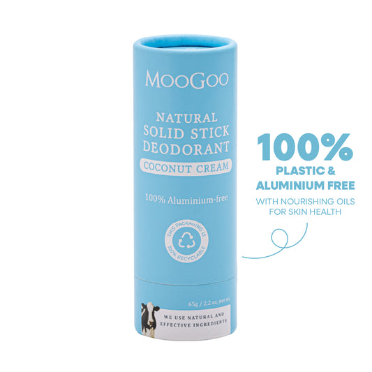 MooGoo Natural Solid Stick Deodorant Coconut Cream with recyclable paper packaging on white background, natural and aluminium free deodorant for sensitive skin and odour control.
