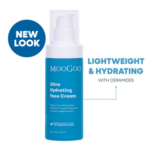 MooGoo Ultra Hydrating Face Cream pump bottle in a bright blue color with a white cap, shown on a white background, lightweight daily cream with ceramides to strengthen skin barrier and improve hydration.