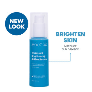 MooGoo Vitamin C Brightening Active Serum in a bright blue pump bottle with a white cap, shown on a white background, antioxidant serum to target pigmentation, dark spots and sun damage.