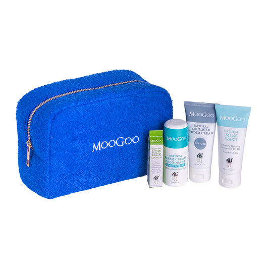 MooGoo Everyday Essentials skincare pack with blue cosmetic bag, Cow Lick Lip Balm,  Lemon Myrtle Deodorant, Skin Milk Udder Cream  and gentle Milk Wash.