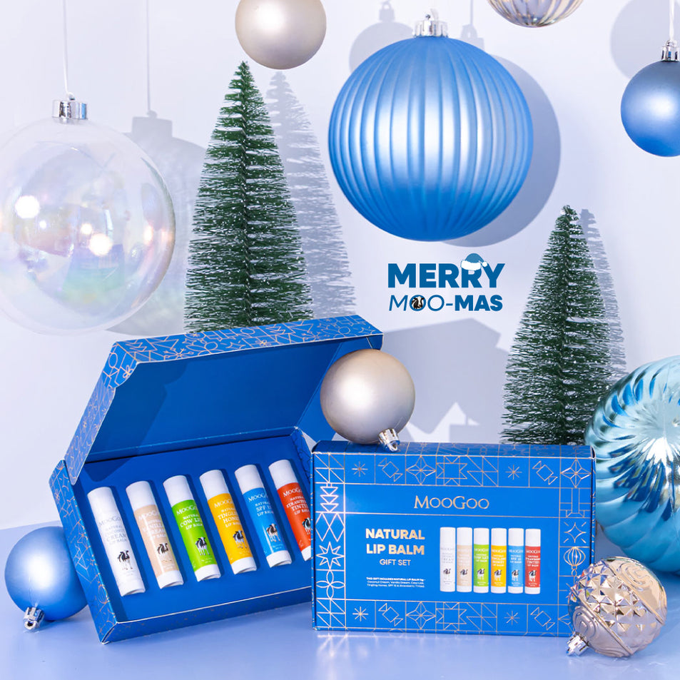 MooGoo Natural Lip Balm Christmas Gift Set on a Christmas-themed packaging on a white background.