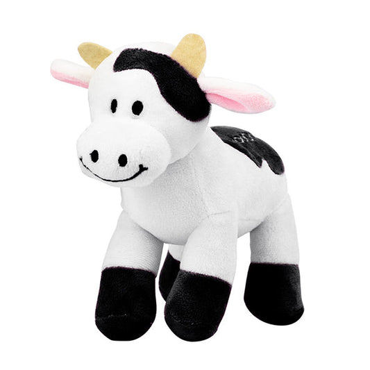MooGoo Toy Cow photographed on white, small plush cow toy for children, 15cm tall, soft, cuddly and safe, ideal as a baby or toddler gift.