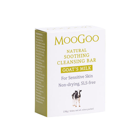MooGoo Soothing Cleansing Bar Goat’s Milk on white background, nourishing SLS-free cleansing bar to calm and hydrate delicate or irritated skin.