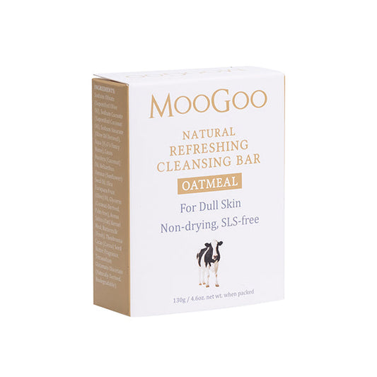 MooGoo Natural Refreshing Cleansing Bar with Oatmeal on white background, 130g boxed soap for dull skin, gentle and SLS-free
