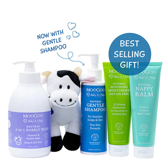 MooGoo Baby Starter Kit gift box with Gentle Shampoo, Soothing Moisturiser, Bubbly Wash, Nappy Balm and toy cow, natural skincare essentials for newborns