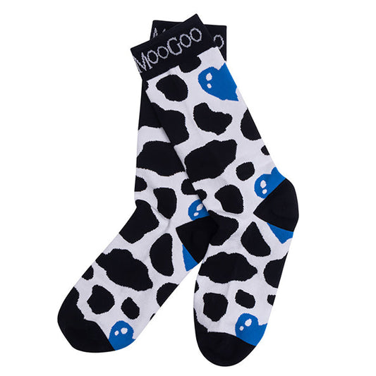 MooGoo Cow Print Socks on plain white background, fun novelty socks with black and white cow pattern and blue accents, one size fits all gift idea