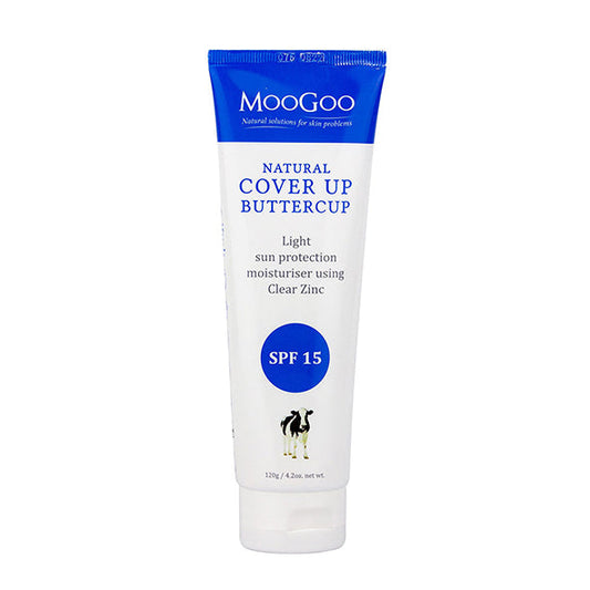 MooGoo Natural Cover Up Buttercup SPF 15 displayed on plain backdrop, light zinc moisturiser with antioxidant protection for all skin types