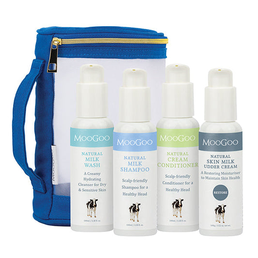 MooGoo Travel Pack on white background, mini shampoo, conditioner, milk wash and moisturiser for sensitive skin, hydration and scalp health