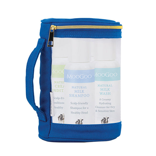MooGoo Travel Pack, blue reusable bag on white background, includes mini shampoo, conditioner, wash and moisturiser for hydration